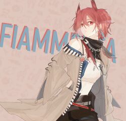 Rule 34 | 1girl, arknights, bandana, black pants, blowing bubbles, character name, commentary request, cowboy shot, feixiangdeqie, fiammetta (arknights), grey jacket, hair between eyes, highres, jacket, looking at viewer, midriff, navel, off shoulder, official alternate costume, open clothes, open jacket, pants, parted lips, pink background, pointy hair, red eyes, red hair, short hair, single bare shoulder, solo, standing, stomach, strapless, suspenders, tube top