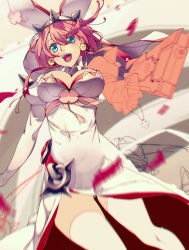 Rule 34 | 1girl, :d, absurdres, blue eyes, breasts, cleavage, covered navel, dress, earrings, elphelt valentine, guilty gear, guilty gear xrd, gun, handgun, hat, highres, jewelry, large breasts, motion blur, open mouth, petals, pink hair, rei (pixiv 187780), smile, solo, thighhighs, weapon, zettai ryouiki