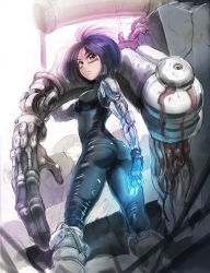 Rule 34 | 1girl, ass, black hair, bodysuit, breasts, brown eyes, cyberpunk, cyborg, disembodied hand, facepaint, alita, glowing, glowing hand, battle angel alita, impossible bodysuit, impossible clothes, knee pads, leg warmers, looking back, mechanical arms, medium breasts, science fiction, shopyun, short hair, size difference, skin tight, solo, solo focus