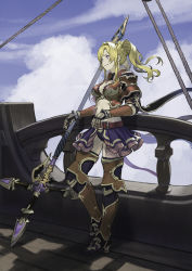 Rule 34 | 1girl, armor, blonde hair, blue eyes, blunt bangs, boat, braid, breasts, cleavage, elbow gloves, full body, fumikz, gauntlets, gloves, granblue fantasy, hair intakes, hair ornament, hairband, highres, long hair, navel, solo, thighhighs, twintails, watercraft, weapon, zeta (granblue fantasy)