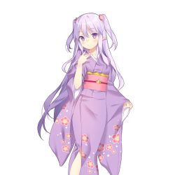 Rule 34 | 1girl, blush, floral print, flower, forearm at chest, furisode, hair flower, hair ornament, japanese clothes, kimono, light purple hair, long hair, long sleeves, looking at viewer, miss barbara, obi, official art, pointy ears, purple eyes, sash, smile, solo, transparent background, two side up, uchi no hime-sama ga ichiban kawaii, wide sleeves