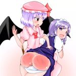 Rule 34 | 2girls, animated, ass, blue hair, butt crack, chair, dress, female focus, gradient background, hat, heppokonin, izayoi sakuya, jiggle, looking at another, mob cap, multiple girls, open mouth, panties, panty pull, profile, puffy short sleeves, puffy sleeves, remilia scarlet, shiny skin, short sleeves, sitting, spanked, spanking, touhou, underwear, video, white panties, wings