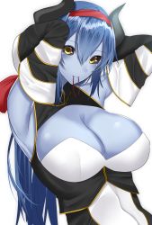 Rule 34 | 1girl, armpits, arms behind head, arms up, bare shoulders, black sclera, blue hair, blue skin, breasts, cleavage, cleavage cutout, closed mouth, clothing cutout, colored sclera, colored skin, commentary request, demon girl, demon horns, detached sleeves, dress, hair between eyes, hair ornament, hair ribbon, hair tie, highres, horns, large breasts, looking at viewer, low ponytail, mouth hold, onineko-chan, original, red ribbon, ribbon, simple background, sleeveless, smile, solo, tying hair, upper body, white background, wide sleeves, yellow eyes
