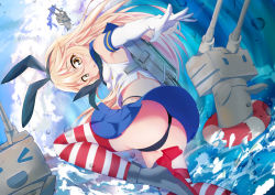 Rule 34 | &gt;:3, &gt; &lt;, &gt;o&lt;, 10s, 1girl, :&lt;, :3, ass, black panties, blonde hair, brown eyes, caibao return, closed eyes, elbow gloves, gloves, hairband, highleg, highleg panties, innertube, kantai collection, leg up, lifebuoy, long hair, looking at viewer, looking back, miniskirt, open mouth, panties, rensouhou-chan, sailor collar, school uniform, serafuku, shimakaze (kancolle), skirt, striped clothes, striped thighhighs, swim ring, thighhighs, triangle mouth, turret, underwear, v-shaped eyebrows, water, waves, white gloves, yellow eyes, | |