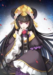 Rule 34 | 1girl, bare shoulders, black hair, blunt bangs, chao feng, dress, flower ornament, hair tubes, headdress, highres, long hair, looking at viewer, red eyes, thunderbolt fantasy, tongue, tongue out, xunling