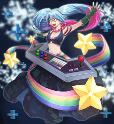 Rule 34 | 1girl, absurdres, arcade sona, armpits, bandeau, blue eyes, blue hair, bra, breasts, cleavage, collarbone, controller, earrings, etwahl, fingerless gloves, fingernails, game controller, gloves, gradient hair, highres, instrument, jewelry, joystick, kimsomi, league of legends, long hair, matching hair/eyes, midriff, multicolored hair, nail polish, navel, necklace, open mouth, pink hair, purple bra, skirt, solo, sona (league of legends), star (symbol), twintails, underwear