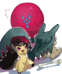 Rule 34 | absurdres, arms up, bone, commentary request, creatures (company), cubone, fangs, flying sweatdrops, game freak, gen 1 pokemon, gen 3 pokemon, gen 8 pokemon, highres, holding, leg up, legendary pokemon, mawile, motion lines, nintendo, no humans, open mouth, pink eyes, pokemon, pokemon (creature), regidrago, tail, tail wagging, tamukoro, white background