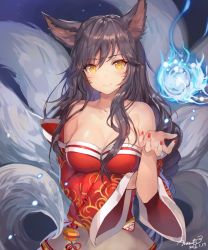 Rule 34 | 1girl, 2016, ahri (league of legends), animal ears, bare shoulders, blue fire, breast hold, breasts, brown hair, cleavage, dated, detached sleeves, facial mark, female focus, fingernails, fire, fox ears, fox tail, kitsune, korean clothes, kyuubi, large breasts, league of legends, long hair, looking at viewer, magic, momoko (momopoco), multiple tails, nail polish, red nails, signature, smile, solo, tail, whisker markings, yellow eyes