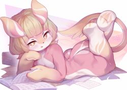 Rule 34 | 1girl, absurdres, animal ears, animal nose, barefoot, blonde hair, blunt bangs, blush, character request, chinese commentary, commentary request, completely nude, dated, feet up, full body, furry, furry female, genshin impact, highres, innerkey (kgfw5338), looking at viewer, lying, melusine (genshin impact), multicolored fur, nude, on stomach, open mouth, orange eyes, orange fur, pink fur, short hair, signature, solo, tail, the pose, white fur