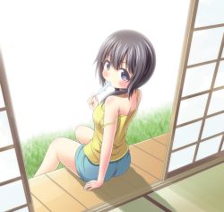 Rule 34 | 10s, 1girl, aiura, arm support, ass, bare shoulders, black eyes, black hair, blush, camisole, eating, long hair, looking at viewer, looking back, low twintails, osaji0909, popsicle, school uniform, shorts, sitting, solo, strap slip, twintails, uehara ayuko