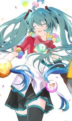 Rule 34 | 1girl, aqua hair, arms at sides, asymmetrical clothes, black skirt, black sleeves, black thighhighs, blue hair, bow, bowtie, candy, candy wrapper, closed eyes, clothing cutout, colorful, confetti, contrapposto, cowboy shot, detached sleeves, eighth note, eyelashes, facing viewer, ferris wheel, flat chest, floating hair, food, glint, gold trim, hair between eyes, hair ornament, happy, hatsune miku, highres, iwatnc, light particles, light smile, long hair, multicolored hair, musical note, parted bangs, parted lips, pleated skirt, pom pom (clothes), pom pom hair ornament, project sekai, red bow, red bowtie, rocket ship, shirt, short sleeves, simple background, single detached sleeve, skirt, solo, spacecraft, star (symbol), star cutout, striped, teeth, thighhighs, transformation, twintails, two-tone hair, upper teeth only, vertical stripes, very long hair, vocaloid, white background, white shirt, wonderlands x showtime (project sekai), wonderlands x showtime miku, wrench, zettai ryouiki