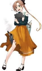 Rule 34 | 1girl, akigumo (kancolle), alternate costume, bag, book, brown hair, fujikawa, full body, hair ribbon, kantai collection, long skirt, official art, ribbon, side ponytail, simple background, skirt, solo, tablet pc, thinking, torn clothes, torpedo, transparent background, yellow eyes