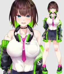 Rule 34 | 1girl, :d, badge, bare legs, bare shoulders, black choker, black footwear, black jacket, black skirt, blue eyes, blush, breast pocket, breasts, brown hair, button badge, choker, collarbone, collared shirt, full body, green hair, grey background, headphones, headphones around neck, highres, jacket, large breasts, long sleeves, looking at viewer, miniskirt, necktie, off shoulder, open clothes, open jacket, open mouth, original, pink necktie, pleated skirt, pocket, polka dot neckwear, round teeth, ryouma (galley), shirt, shoes, short hair, simple background, skirt, smile, solo, standing, teeth, unzipped, upper body, upper teeth only, virtual youtuber, white shirt, zoom layer