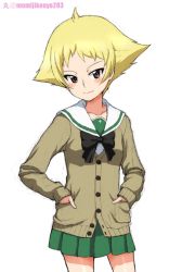 Rule 34 | 1girl, artist name, black bow, blonde hair, blouse, blush, bow, brown eyes, brown sweater, cardigan, closed mouth, commentary, cowboy shot, erwin (girls und panzer), girls und panzer, green skirt, hands in pockets, head tilt, kayabakoro, long sleeves, looking at viewer, miniskirt, no headwear, no jacket, one-hour drawing challenge, ooarai school uniform, pleated skirt, pointy hair, school uniform, serafuku, shirt, short hair, simple background, skirt, smile, solo, standing, sweater, twitter username, white background, white shirt