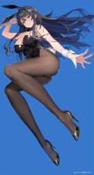 Rule 34 | 1girl, animal ears, arm up, ass, black hair, black leotard, blue background, blue eyes, breasts, cleavage, commentary request, fake animal ears, foreshortening, full body, hair ornament, hairband, hairclip, high heels, highres, jpeg artifacts, large breasts, legs, leotard, long hair, looking at viewer, miyazakisoul, pantyhose, parted lips, playboy bunny, rabbit ears, rabbit tail, sakurajima mai, seishun buta yarou, sidelocks, simple background, solo, tail, wrist cuffs