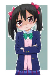 Rule 34 | 10s, 1girl, black hair, blazer, blush, bow, cardigan, crossed arms, hair bow, jacket, love live!, love live! school idol project, miyako hito, open clothes, open jacket, red eyes, school uniform, shaded face, skirt, solo, twintails, yazawa nico