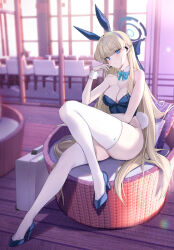 Rule 34 | 1girl, blonde hair, blue archive, blue eyes, detached collar, halo, long hair, looking at viewer, official alternate costume, pinkmill, solo, thighhighs, toki (blue archive), toki (bunny) (blue archive), white thighhighs, white wrist cuffs, wrist cuffs
