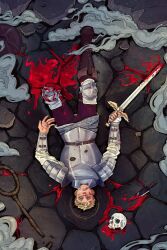 Rule 34 | 1boy, amputee, armor, artist name, bleeding, blonde hair, blood, bloody weapon, boots, bracer, brown footwear, dungeon meshi, highres, holding, holding sword, holding weapon, kavaleyre, kensuke (dungeon meshi), knife, laios touden, lying, male focus, on back, short hair, single boot, skull, solo, staff, sword, weapon