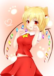 Rule 34 | 1girl, absurdres, animal ears, ascot, blonde hair, blush, breasts, cat ears, cat hair ornament, fang, flandre scarlet, hair ornament, highres, kurenai (anohitop), looking at viewer, medium breasts, navel, open mouth, puffy short sleeves, puffy sleeves, red eyes, red shirt, red skirt, shirt, short hair, short sleeves, side ponytail, skirt, skirt set, solo, touhou, wings