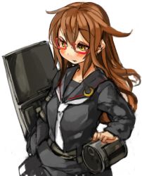 Rule 34 | 10s, 1girl, black skirt, blush, brown hair, crescent, crescent moon, glasses, kantai collection, long hair, long sleeves, machinery, mochizuki (kancolle), moon, open mouth, red-framed eyewear, sachito, school uniform, serafuku, simple background, skirt, solo, white background, yellow eyes