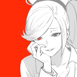 Rule 34 | 1girl, black eyes, heterochromia, high ponytail, highres, hilda (under night in-birth), lipstick, long hair, looking at viewer, makeup, monochrome, nail polish, ponytail, red background, red eyes, slit pupils, smile, solo, swept bangs, tb (spr1110), under night in-birth, very long hair