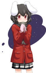Rule 34 | 1girl, animal ears, black hair, blush, chiyomi, coat, contemporary, female focus, inaba tewi, mittens, rabbit ears, red eyes, scarf, short hair, simple background, smile, solo, touhou, winter clothes, winter coat