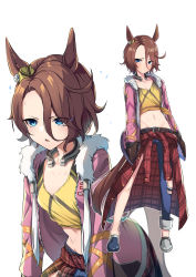 Rule 34 | 1girl, alternate costume, animal ears, asymmetrical footwear, asymmetrical pants, belt, blue eyes, blush, breasts, clothes around waist, collarbone, commentary request, cowboy shot, crop top, denim, forehead, full body, fur trim, groin, hair between eyes, hair over one eye, hands in pockets, highres, horse ears, horse girl, horse tail, horseshoe, jacket, jacket around waist, jeans, leaning forward, maza kisuke, midriff, mismatched footwear, multiple views, narita taishin (umamusume), navel, open mouth, pants, pink jacket, plaid, plaid jacket, shirt, simple background, small breasts, sweatdrop, swept bangs, tail, tank top, tied shirt, umamusume, uneven footwear, white background, yellow tank top