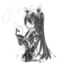 Rule 34 | 1girl, :o, animal ears, collared shirt, commentary, cup, gloves, greyscale, holding, holding cup, horse ears, horse girl, jacket, long hair, long sleeves, looking at viewer, manhattan cafe (umamusume), monochrome, mug, necktie, nejikyuu, shirt, sidelocks, simple background, sketch, solo, steam, suit jacket, symbol-only commentary, umamusume, upper body, very long hair, wing collar