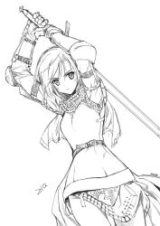 Rule 34 | 1girl, akisoba, arms up, belt, cross, female knight, gauntlets, greyscale, knight, knight (ragnarok online), looking at viewer, monochrome, ragnarok online, short hair, simple background, solo, sword, weapon, white background