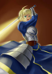 Rule 34 | 1girl, absurdres, ahoge, armor, armored dress, artoria pendragon (fate), blonde hair, breastplate, ccjn, dress, excalibur (fate/stay night), fate/stay night, fate (series), faulds, gauntlets, glowing, glowing sword, glowing weapon, green eyes, hair ribbon, highres, ribbon, saber (fate), solo, sword, weapon