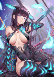 Rule 34 | 1girl, absurdres, bare shoulders, black dress, black gloves, black headwear, black thighhighs, blue eyes, blue fire, blunt bangs, blush, breasts, center opening, chitu hefeng zhong, covered navel, dress, elbow gloves, fate/grand order, fate (series), fire, flute, gloves, glowing, glowing eyes, hair ornament, head tilt, highres, instrument, large breasts, leaf hair ornament, leaning to the side, long hair, looking at viewer, parted lips, pipa (instrument), purple hair, sitting, solo, thighhighs, thighs, very long hair, yang guifei (fate), yang guifei (third ascension) (fate)