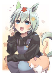 Rule 34 | 1girl, :3, absurdres, animal ears, autumn leaves, black hoodie, blue eyes, blue overalls, blush, border, cat, commentary request, ear covers, gradient background, grey hair, hair between eyes, hair ornament, hairclip, highres, hood, hood down, hoodie, horse ears, horse girl, horse tail, leaf, leaf background, leaf on head, long sleeves, nankanashi, notice lines, open mouth, overalls, pointing, pointing up, seiun sky (umamusume), short hair, single ear cover, smile, solo, squatting, tail, umamusume, white border