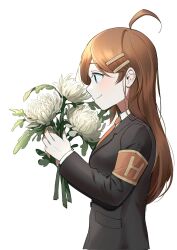 Rule 34 | 1girl, ahoge, armband, black jacket, blue eyes, bouquet, brown hair, brown necktie, collared shirt, flower, hair ornament, hairclip, highres, hod (project moon), holding, holding bouquet, jacket, lobotomy corporation, long hair, necktie, pocket, ppanglatte, project moon, shirt, solo, upper body, white flower, white shirt, wing collar