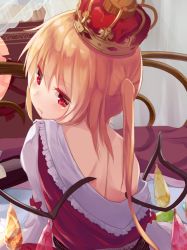 Rule 34 | 1girl, arm garter, arm support, back, blonde hair, blood, blood from mouth, blush, bow, crown, crystal, flandre scarlet, igayan, looking at viewer, looking back, red bow, red eyes, short hair with long locks, side ponytail, solo, touhou, upper body, wings