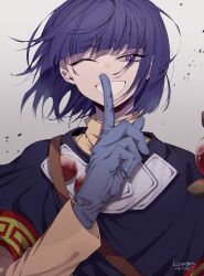 Rule 34 | 1boy, artist name, bob cut, finger to mouth, gloves, grey background, grey gloves, highres, index finger raised, konemu, looking at viewer, male focus, purple eyes, purple hair, short hair, simple background, slayers, solo, upper body, xelloss