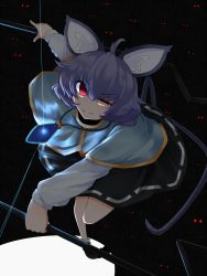 Rule 34 | &gt;:), 1girl, animal ears, black skirt, capelet, darkness, dowsing rod, foreshortening, grey hair, highres, jewelry, long sleeves, looking at viewer, mouse ears, mouse tail, nazrin, parted lips, pendant, red eyes, rihito (usazukin), running, short hair, skirt, smile, solo, tail, touhou, uneven eyes, v-shaped eyebrows