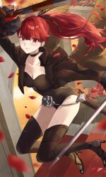 Rule 34 | 1girl, arm up, black choker, black coat, black footwear, black leotard, black thighhighs, blush, breasts, choker, cleavage, closed mouth, coat, commentary request, falling petals, frilled sleeves, frills, highres, holding, holding weapon, konchi (63438789), leotard, long coat, long sleeves, looking at viewer, medium breasts, open clothes, open coat, persona, persona 5, persona 5 the royal, petals, ponytail, red eyes, red hair, rose petals, smile, solo, stairs, thighhighs, weapon, yoshizawa kasumi