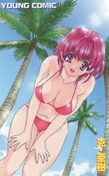 Rule 34 | bikini, breasts, company name, day, feet out of frame, from below, hands on own thighs, katsu aki, large breasts, leaning forward, looking at viewer, medium hair, navel, non-web source, open mouth, original, outdoors, palm tree, red bikini, red eyes, red hair, scan, standing, swimsuit, tree