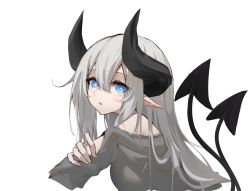 Rule 34 | 1girl, bad id, bad pixiv id, bare shoulders, blue eyes, commentary, demon tail, grey sweater, hair between eyes, highres, horns, huizhiyin, long hair, long sleeves, looking at viewer, multiple tails, off-shoulder sweater, off shoulder, original, parted lips, pointy ears, silver hair, simple background, solo, sweater, tail, two tails, upper body, white background