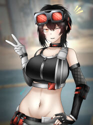 Rule 34 | 1girl, black hair, breasts, crop top, faihara, gloves, goggles, grace howard, highres, large breasts, midriff, one eye closed, wink, zenless zone zero