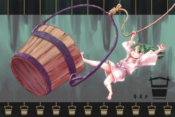 Rule 34 | 1girl, arms up, bare legs, barefoot, bucket, child, falling, female focus, green eyes, green hair, in bucket, in container, japanese clothes, kimono, kisume, letterboxed, matching hair/eyes, open mouth, rope, solo, touhou, yafu, yukata