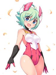 Rule 34 | 1girl, :d, ahoge, azure striker gunvolt 2, black gloves, blue eyes, breasts, commentary, cougar (cougar1404), covered navel, cowboy shot, feathers, gloves, green hair, headgear, leotard, looking at viewer, medium breasts, open mouth, red leotard, roro (gunvolt), short hair, skindentation, sleeveless, smile, solo, standing, white background