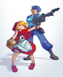Rule 34 | apron, basket, blue eyes, blue pants, blue shirt, boots, brown footwear, bulleta, capcom, closed eyes, company connection, dress, finger on trigger, gun, highres, holding, holding basket, holding gun, holding weapon, hood, hood up, jill valentine, outstretched arm, pants, pantyhose, pointing gun, red dress, red footwear, red hood, resident evil, shadow, shirt, shoes, simple background, smug, spudenski, submachine gun, uniform, vampire (game), weapon, white apron, white background