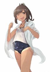 Rule 34 | 10s, 1girl, ;d, brown eyes, brown hair, hair ornament, highres, i-401 (kancolle), kantai collection, looking at viewer, one-piece swimsuit, one eye closed, open mouth, school swimsuit, school uniform, serafuku, simple background, smile, solo, swimsuit, swimsuit under clothes, tan, tanline, teeth, towel, upper body, wataro (watawatawatapon), wet, white background