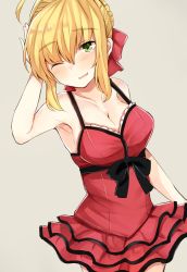 Rule 34 | 10s, 1girl, ahoge, armpits, bare shoulders, black bow, blonde hair, blush, bow, braid, breasts, camisole, cleavage, collarbone, cowboy shot, eyebrows, fate/extella, fate/extra, fate/extra ccc, fate (series), french braid, green eyes, hair intakes, hair ribbon, hand on own head, jirou (tamaho39), medium breasts, nero claudius (fate), nero claudius (fate) (all), nero claudius (fate/extra), official alternate costume, one eye closed, ribbon, short hair, sidelocks, simple background, solo, type-moon