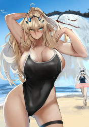 Rule 34 | antlers, bare shoulders, barghest (fate), beach, biceps, black one-piece swimsuit, blue one-piece swimsuit, blush, breasts, cleavage, collarbone, fate/grand order, fate (series), heterochromia, horns, innertube, jikihatiman, large breasts, long hair, melusine (fate), muscular, muscular female, one-piece swimsuit, sidelocks, swim ring, swimsuit, thigh strap, thighs