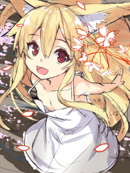 Rule 34 | 1girl, :d, animal ears, bare arms, bare shoulders, blonde hair, breasts, child, downblouse, dress, fox ears, fox girl, fox tail, hair between eyes, long hair, looking at viewer, no bra, open mouth, original, outstretched arms, petals, red eyes, sketch, sleeveless, sleeveless dress, small breasts, smile, solo, sundress, tail, very long hair, white dress, yuuji (yukimimi)