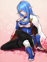 Rule 34 | 1girl, blue eyes, blue hair, blush, breasts, cape, cleavage, convenient leg, elf, fishnet pantyhose, fishnets, floral print, hair over one eye, hand on own chest, highres, large breasts, long hair, looking at viewer, matching hair/eyes, original, pantyhose, phantasy star, phantasy star online 2, pointy ears, ryou@ryou, solo, suzuna kushinada, thighband pantyhose, tsurime, underboob, vambraces