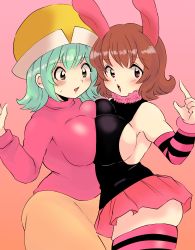 Rule 34 | 2girls, :o, absurdres, animal ears, armpits, bare shoulders, black eyes, blush, breast press, breasts, brown hair, cowboy shot, detached sleeves, from side, fur trim, gradient background, green hair, hands up, hat, highres, hunter x hunter, large breasts, legs, looking at viewer, medium hair, multiple girls, open mouth, orange background, pink shirt, piyon, piyon (hunter x hunter), ponzu, rabbit ears, red eyes, shirt, short hair, side slit, simple background, skirt, standing, striped legwear, symmetrical docking, thighhighs, thighs, turtleneck, zettai ryouiki