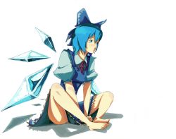 Rule 34 | 1girl, barefoot, blue hair, bow, cirno, embodiment of scarlet devil, feet, female focus, full body, hair bow, simple background, sitting, solo, sousou (sousouworks), touhou, upskirt, wings